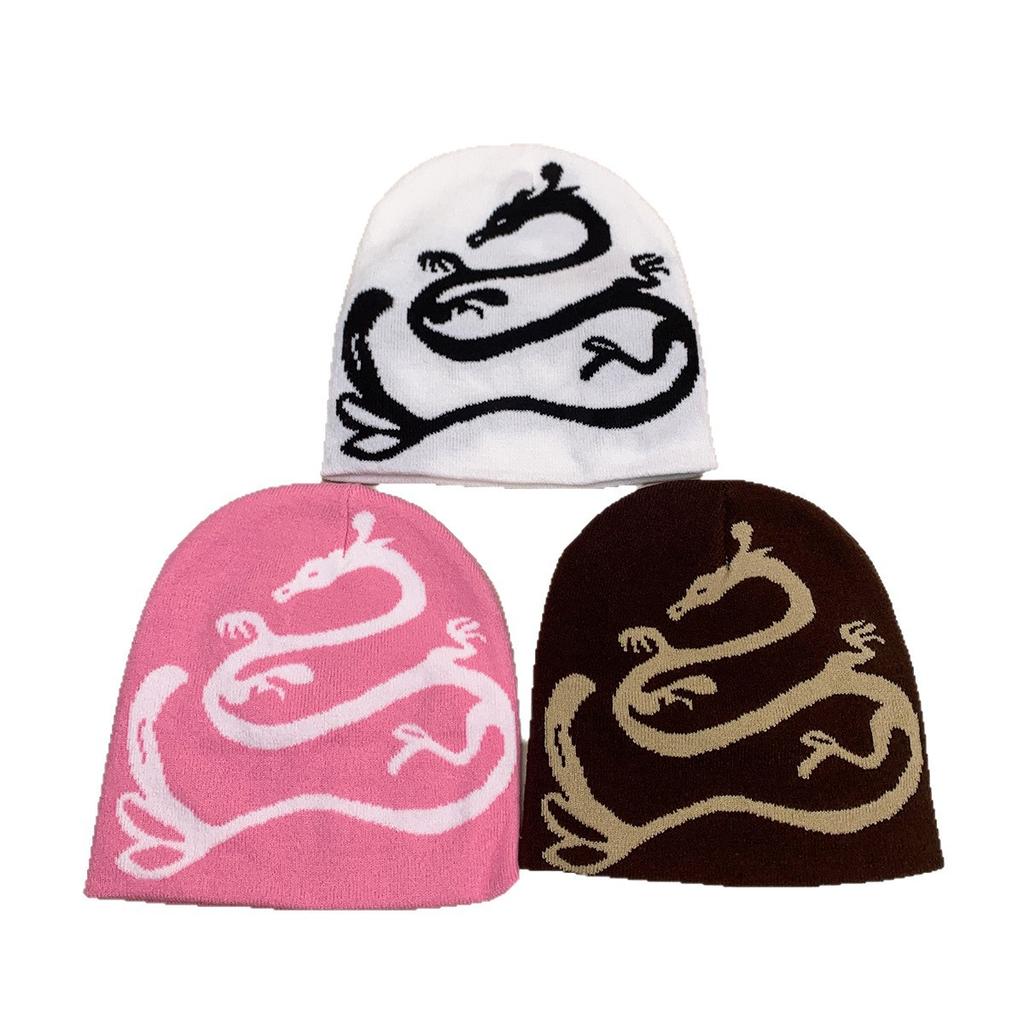 Autumn and winter retro contrasting color dragon jacquard knitted hat men and women warm personality street outdoor hip hop pullover hat