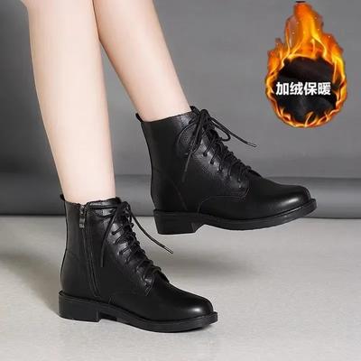 Women's Leather Boots 2025 Winter Comfort Mid-calf Boots British Style Non-slip Lace Up Side Zipper Cotton Shoes Botas De Mujer