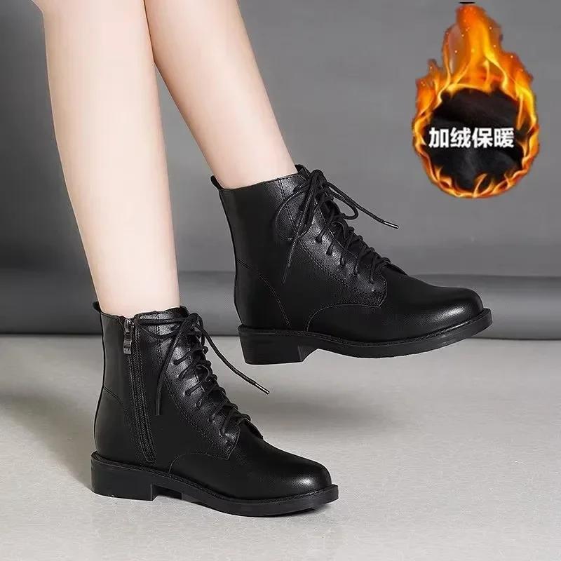 Жіночі шкіряні чоботи 2025 Зимові комфортні чоботи до середини ікри Британський стиль Нековзні На шнурівці Бічна блискавка Бавовняне взуття Botas De Mujer