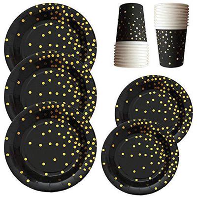 Black and Gold Party Supplies Disposable Paper Plates Dinnerware Set Napkins Cutters Forks