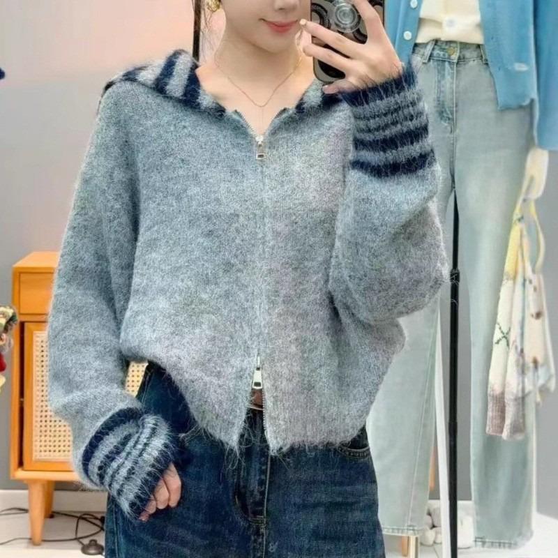 

Серый вязаный кардиган с длинным рукавом женский осенне-зимний короткий свитер с темно-синим воротником куртка топ модный One size серый