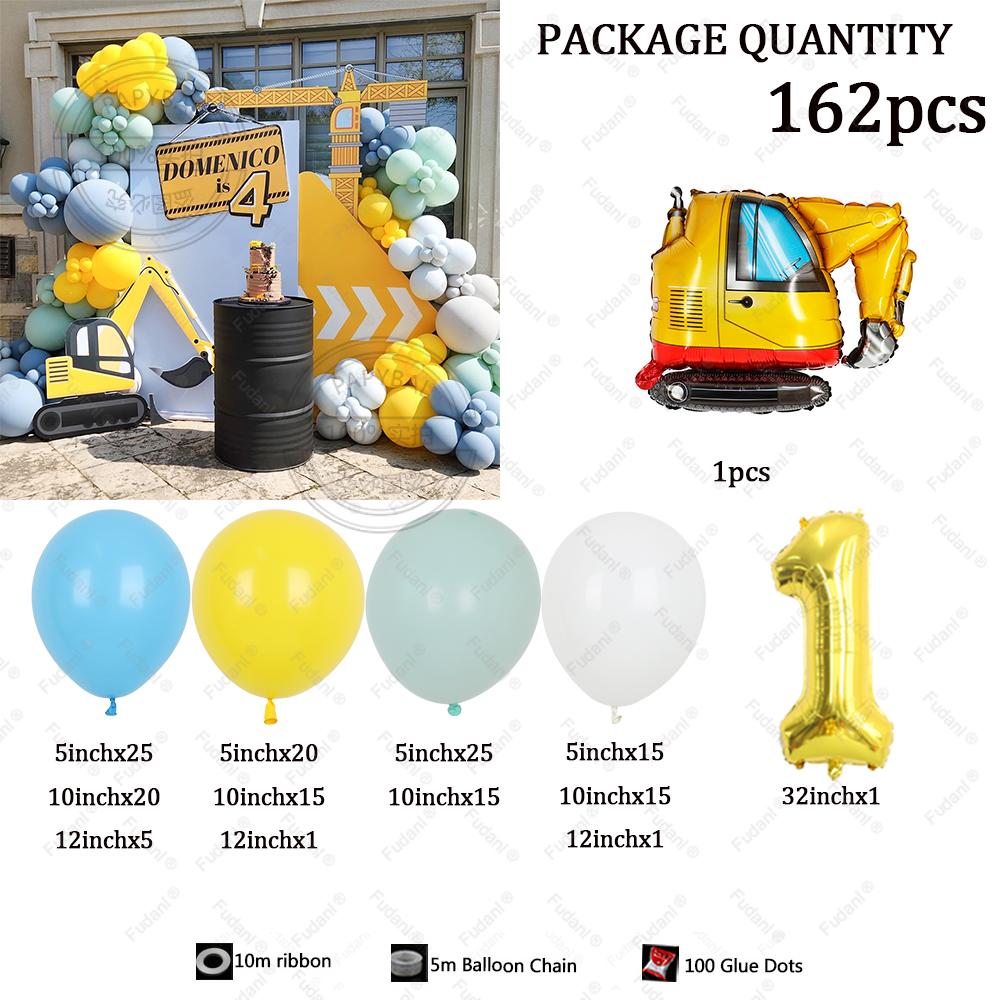 162pcs Engineering Vehicle Construction Truck Yellow Green Blue Balloon Arch Kit Boy Excavator Birthday Party Baby Shower Deco
