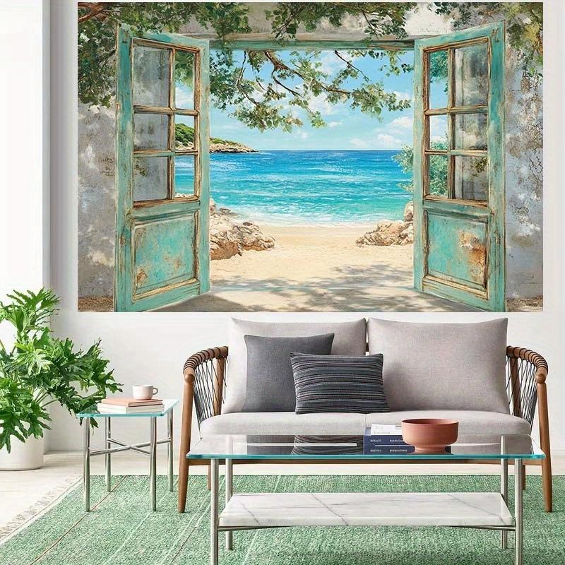 1pc, 2D flat, sea view window beach theme background - for photography background, home decoration, summer decoration, wsj