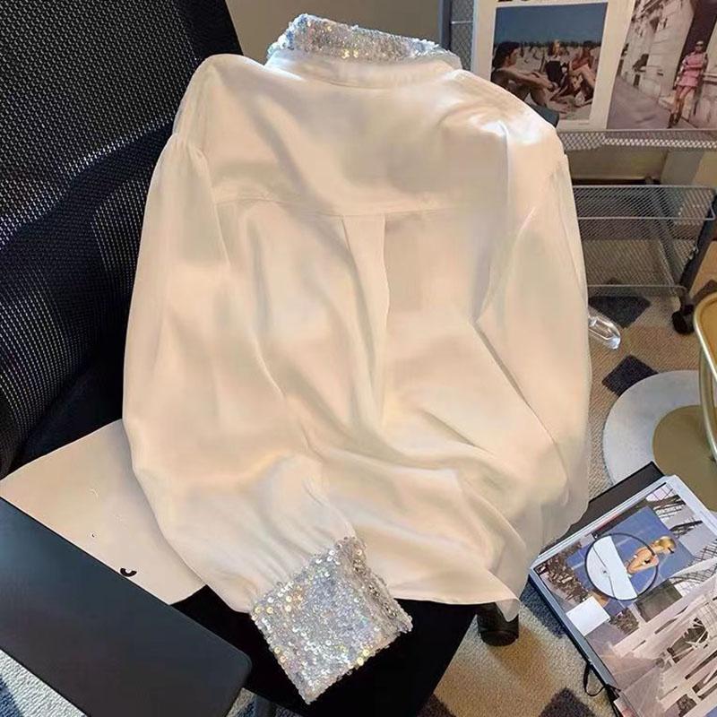 Patchwork Sequins White Women Shirt Autumn Long Sleeve Loose Blouse Casual Turn Down Collar Elegant French Style Shirt