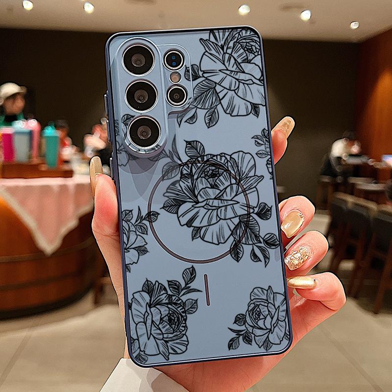 Magnetic For Magsafe Case For Samsung Galaxy S26 Ultra S25 Edge S24 Plus S23 FE S22 A54 A55 A56 5G Sketching Rose Flower Pattern Matte Cover