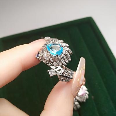 Simulierter Aquamarin Topas Ring Damen High Sense Stern Feder Farbiger Schatzring