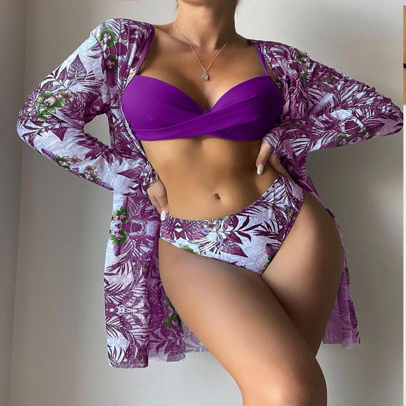 2023 European & American Women's Three-Piece Bikini Set with Cardigan, High-Waisted Bottoms, and Sunscreen Cover-Up.
