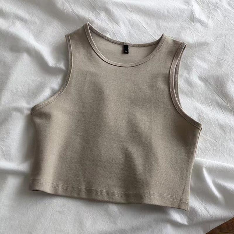 

Однотонные тонкие майки без рукавов для женщин, эластичный элегантный повседневный жилет с круглым вырезом, летний универсальный укороченный топ
