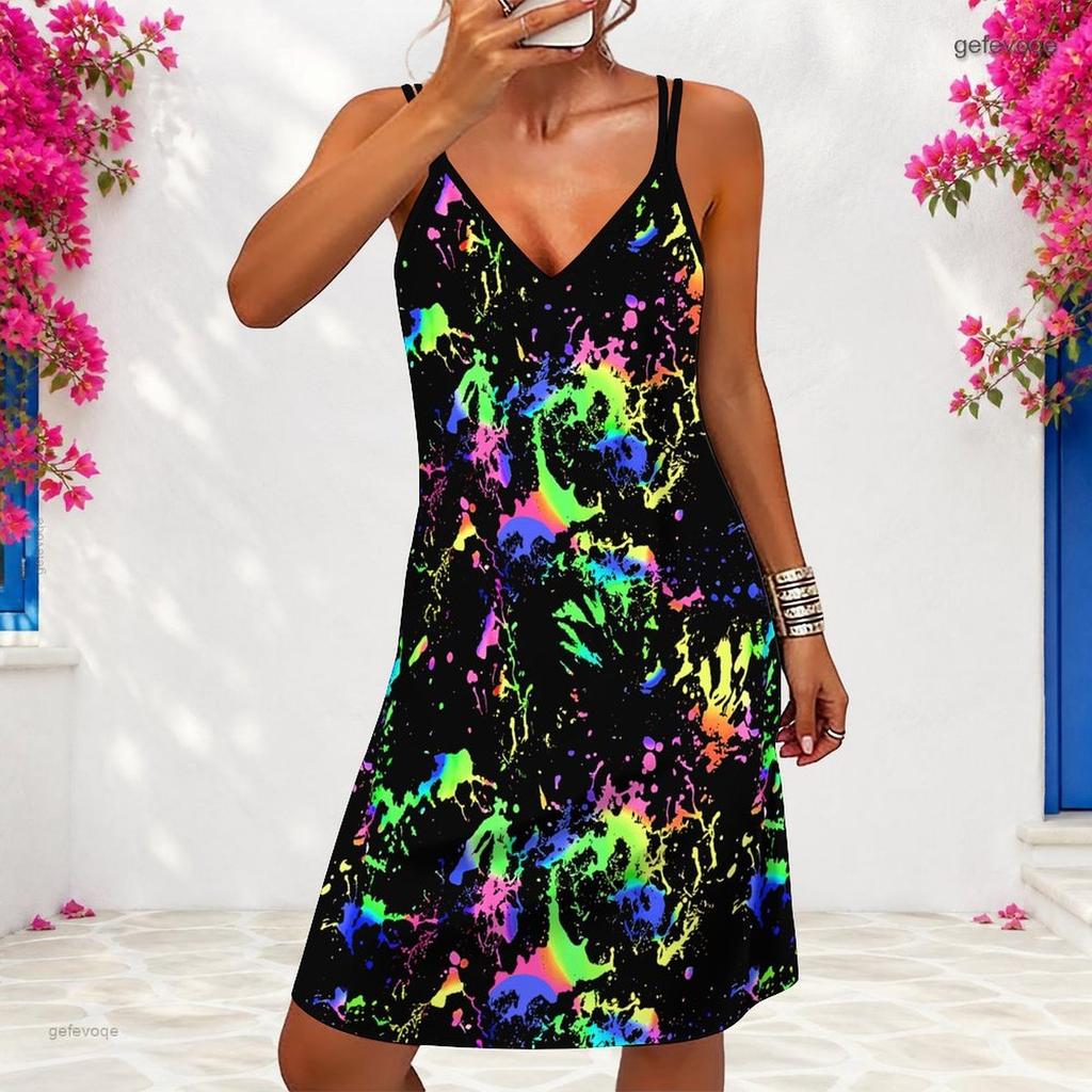 Women Plus Size V Neck Double Straps Sleeveless Printed Iridescent Blue Mini Dress