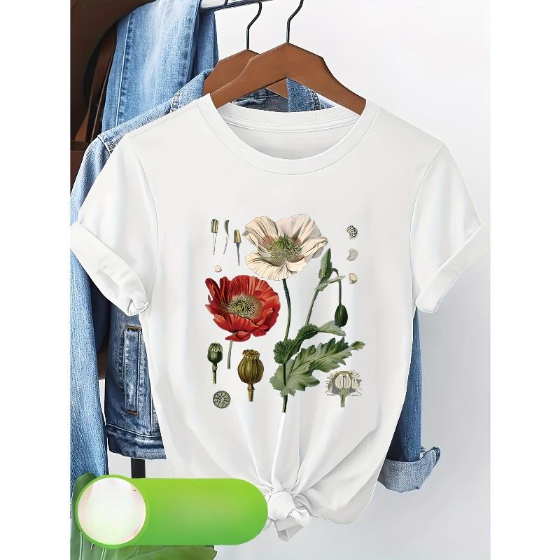 European Size Elegant Art Floral Print Women's Short Sleeve T-Shirt