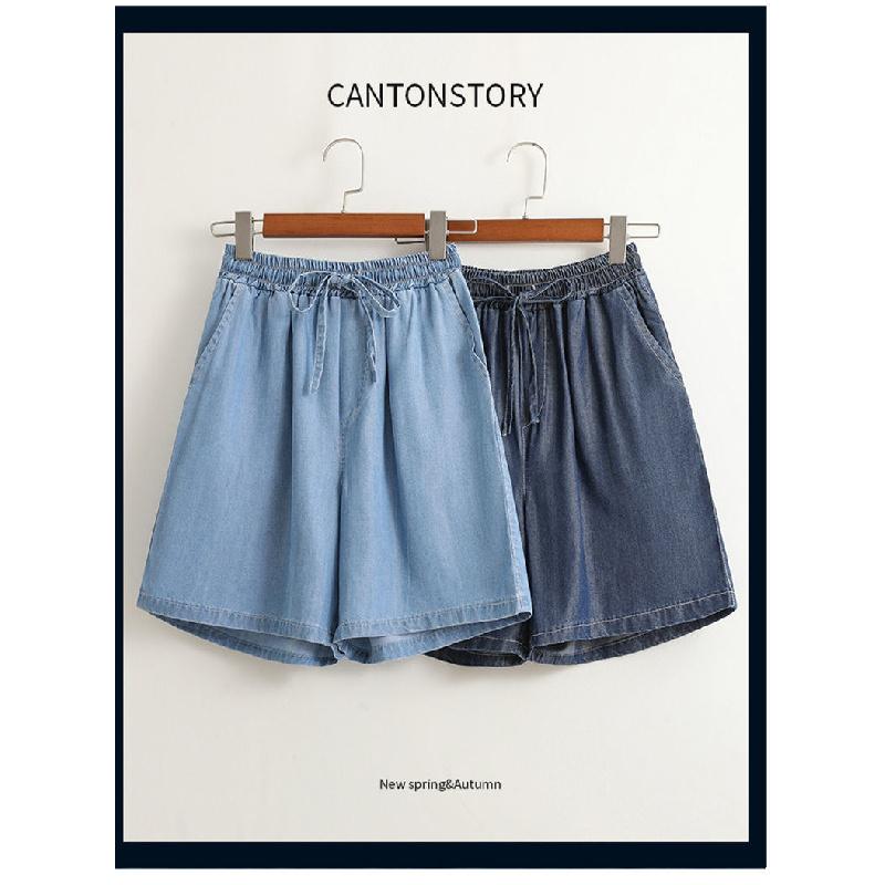Tencel Denim Shorts Women's Summer New Thin Ice Silk Casual Cropped Loose Wide Leg High Waist A- line Hot Pants Large Size