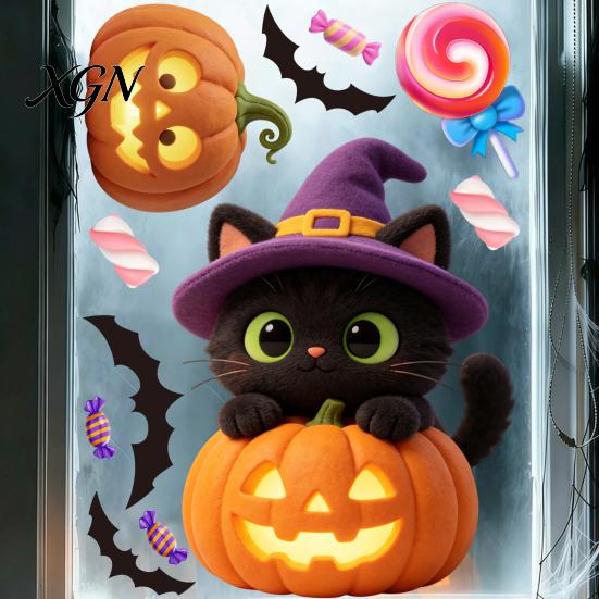 Removable Halloween Decorations Pumpkin Window Clings, Cartoon Cat Static Sticker, Jack O Lantern Stickers PVC Decals for Party Home Decoration