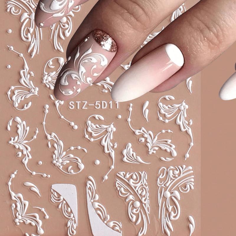 1pc Matte Finish White Lace Flower Nail Art Stickers, Rectangle Embossed French Nail Decals with Embroidered Effect