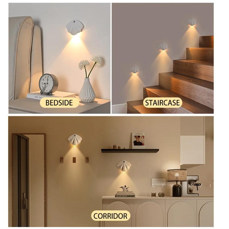 LED Motion Sensor Shell Night Light, USB Type-C Rechargeable Spotlight for Bedroom Corridor Staircase Hallway Mural Wall Decor Lighting