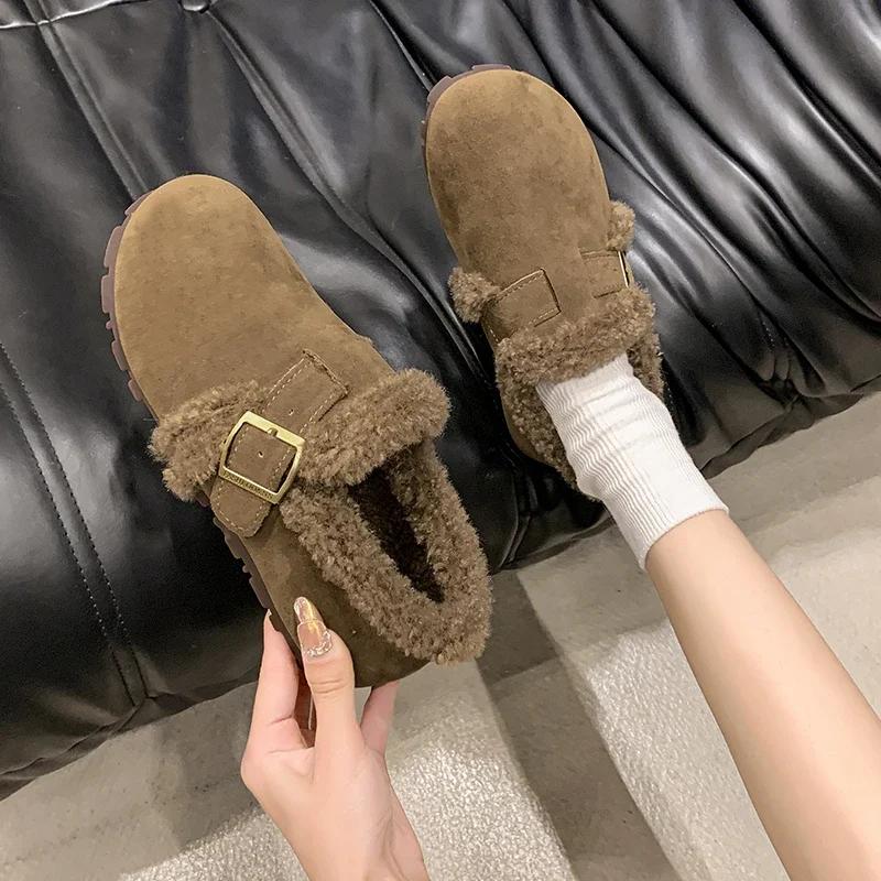 Women's Shoes 2024 Brand Buckle Strap Women's Flats Fashion Round Toe Casual Flat Shoes Hot Sale Plus Velvet Solid Flat Shoes