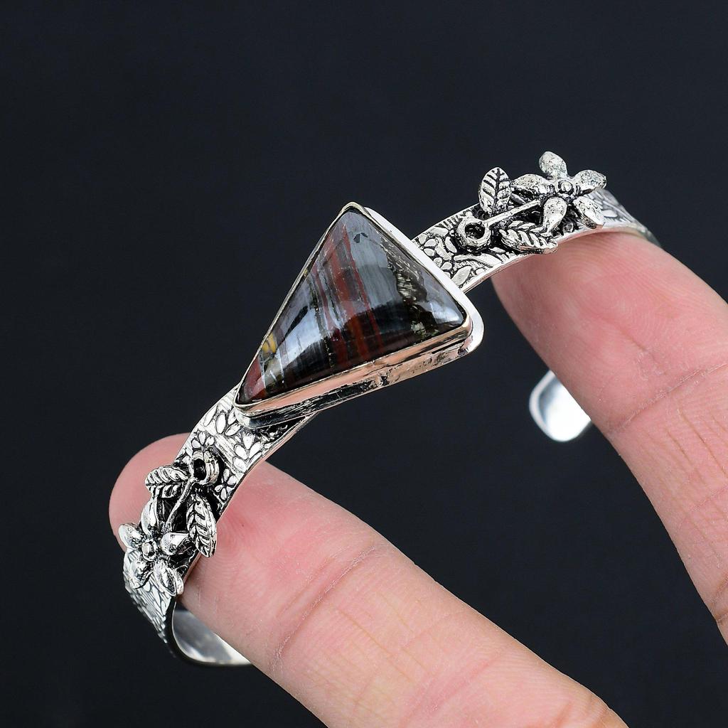 925 Sterling Silver Natural Iron Tiger Eye Wedding Mother Flower Bangle Jewelry