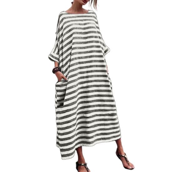 O-Neck Batwing Sleeves Women Dress Pockets Ankle Length Fine Sewing Retro Striped Print