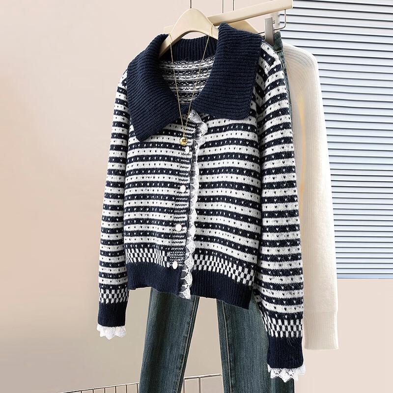 Women's Lamb Wool Blend Striped Knit Cardigan