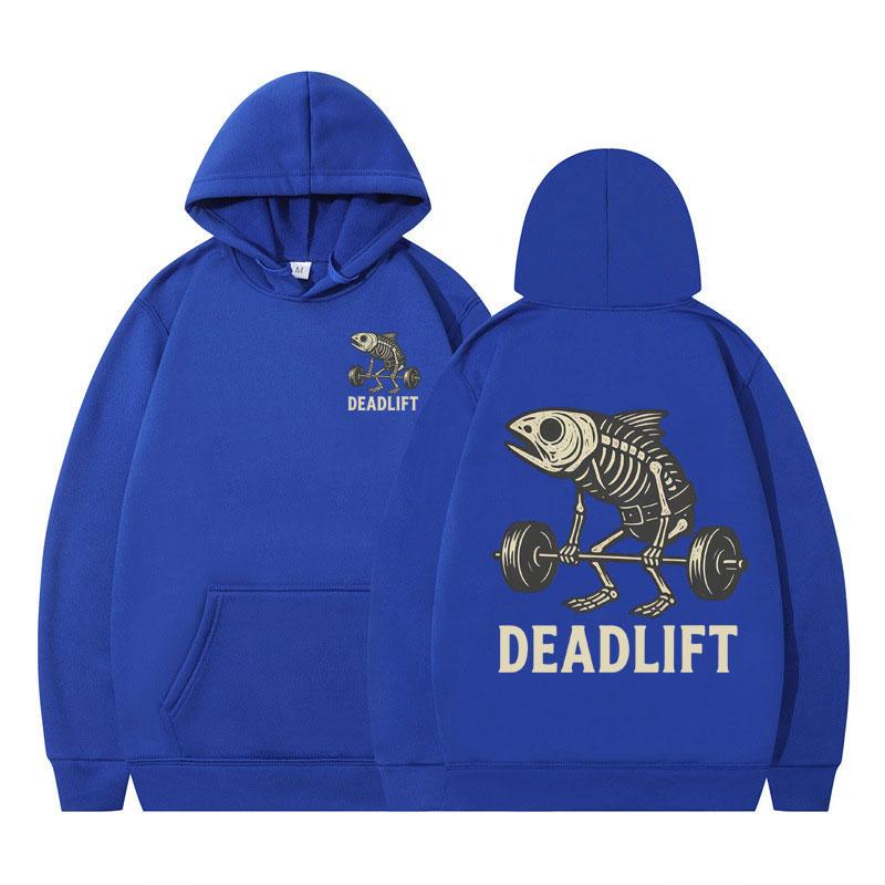 Fish Skeleton Deadlift Fish Bone Gym Workout Vintage Graphic Hoodie Men Women Winter Long-sleeved Fashionable Casual Sportswear