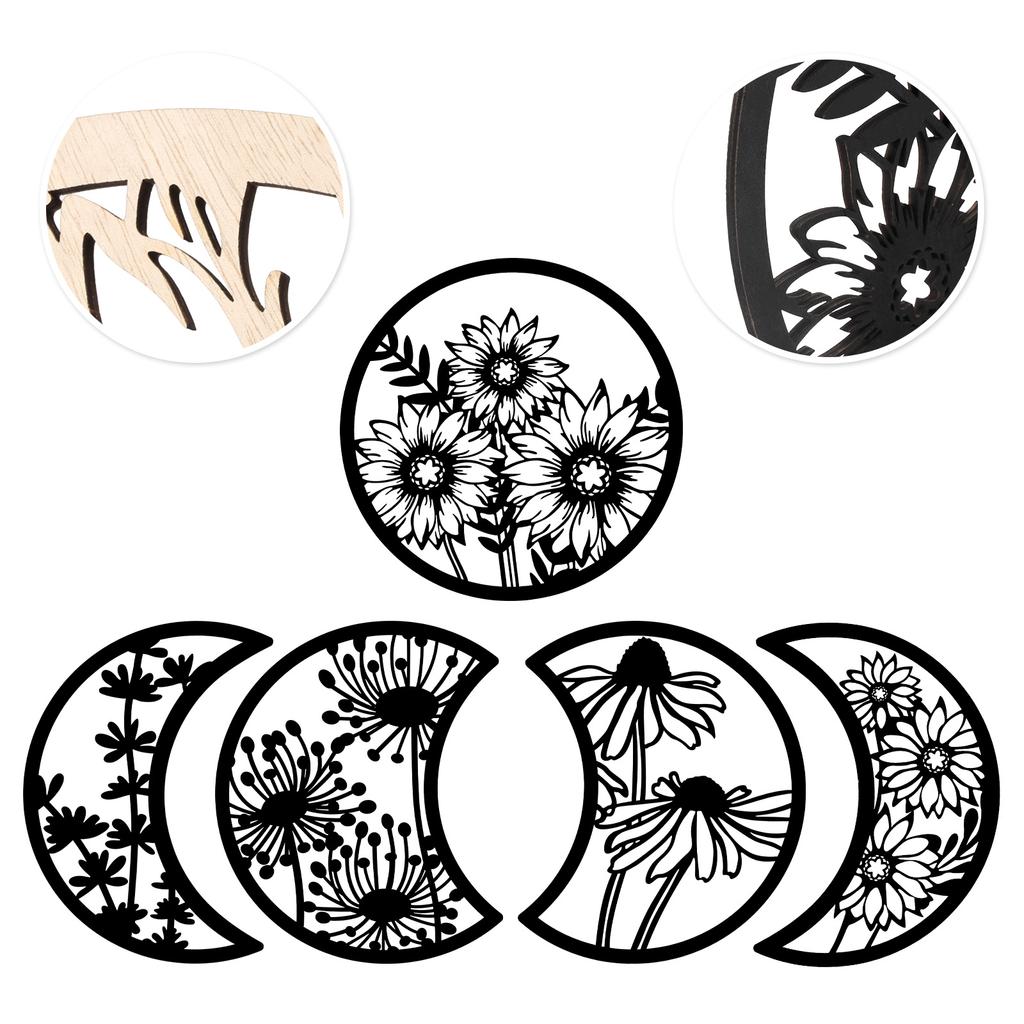 5Pcs Moon Phase Wall Hanging Decor Art Above Bed 10.6" H Boho Moon Phase Wood Wall Pediment Ornament for Living Room Bedroom