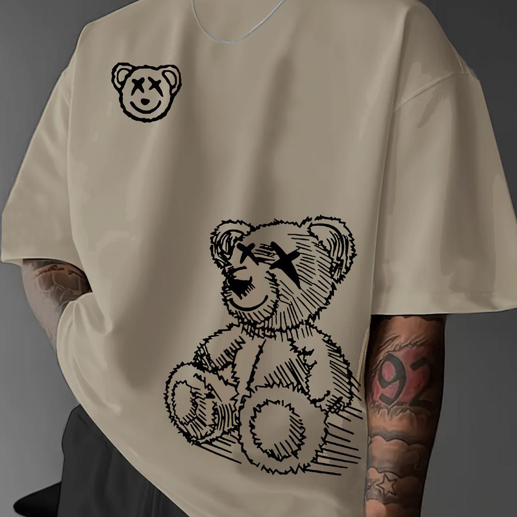 2025 Summer 100% Pure Cotton Casual Men's Sportswear T-shirt with Cartoon Bear Print Fashionable Round-neck Short-sleeved