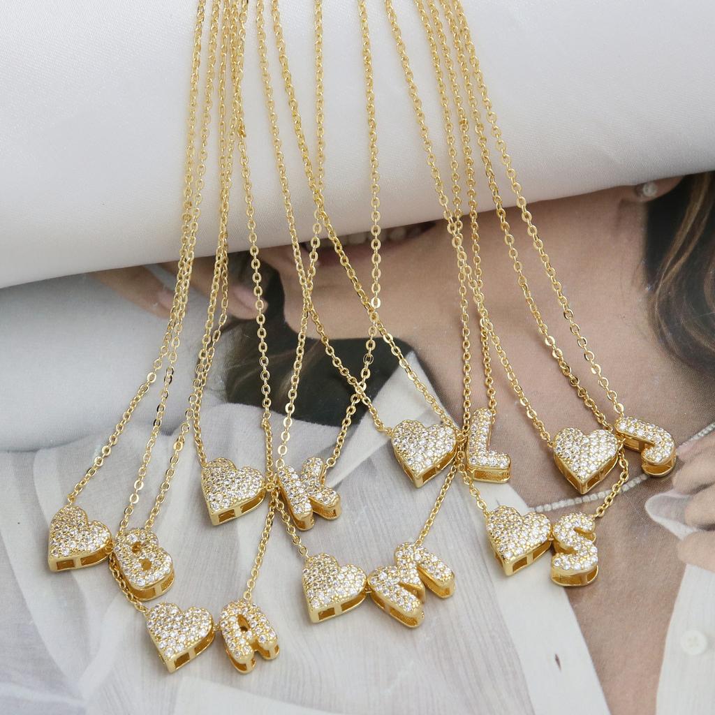 Fashion Small Bubble Initial Heart Letter Necklace 18K Gold Plated Link Chain Romantic Copper Heart Letter Pendant Necklace Gift