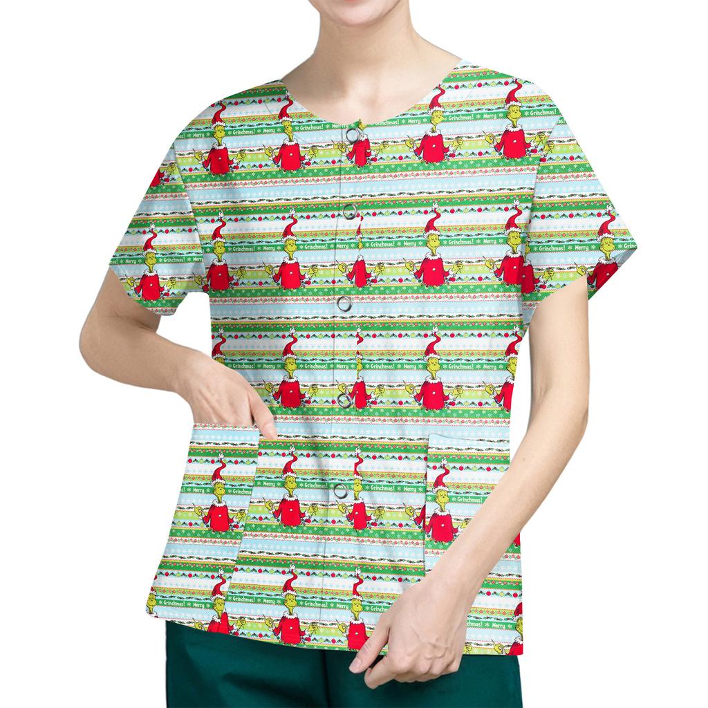 Women's Short Sleeved Patterned Pockets, Work Print Stand Up Collar, Single Breasted Protective Clothing, Cardigan Jacket, Top