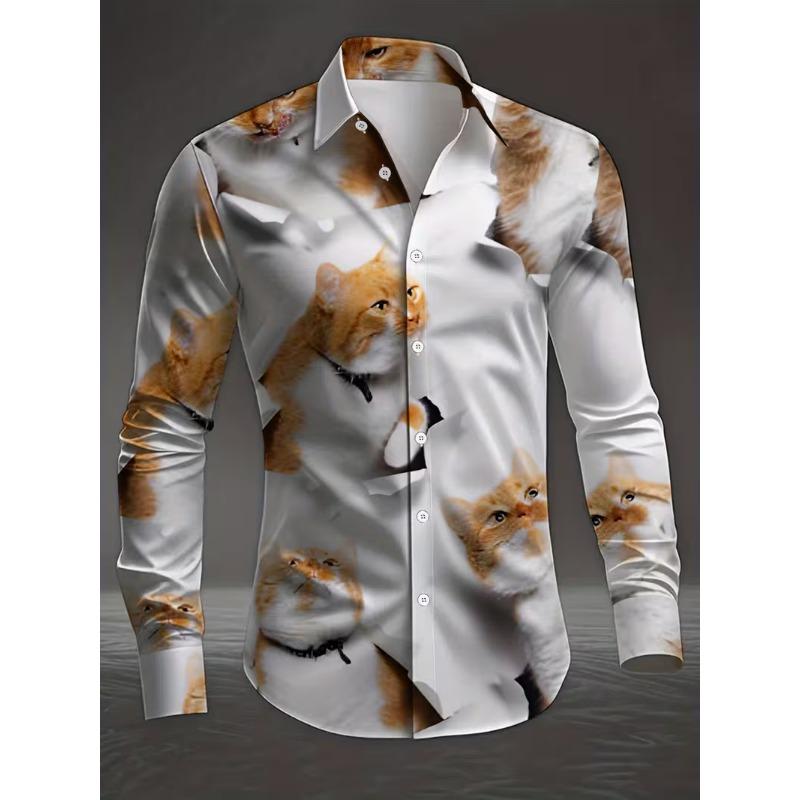 New men's fashionable 3D animal printed shirt with casual long sleeves and flower button design, fashionable shirt top