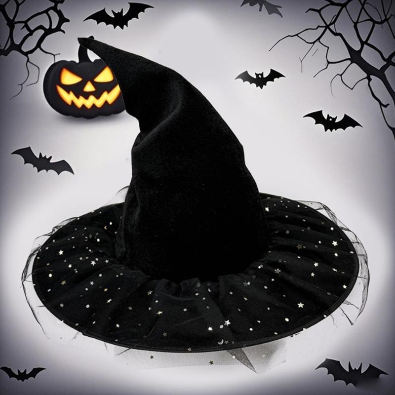 Black Velvets Witch Hat With Golden Star Elegant Curved Border Halloween Hat for Women Men Kids