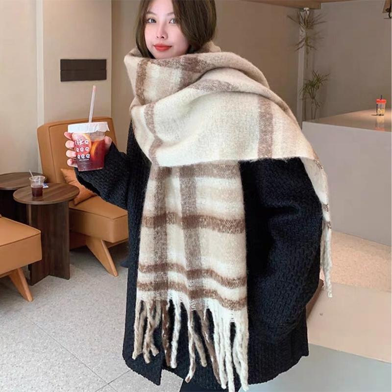 Winter Thicken Warm Tassel Scarf Women Cashmere Retro Plaid Contrasting Shawl Wraps Korean Neckerchief Female Echarpe Muffler