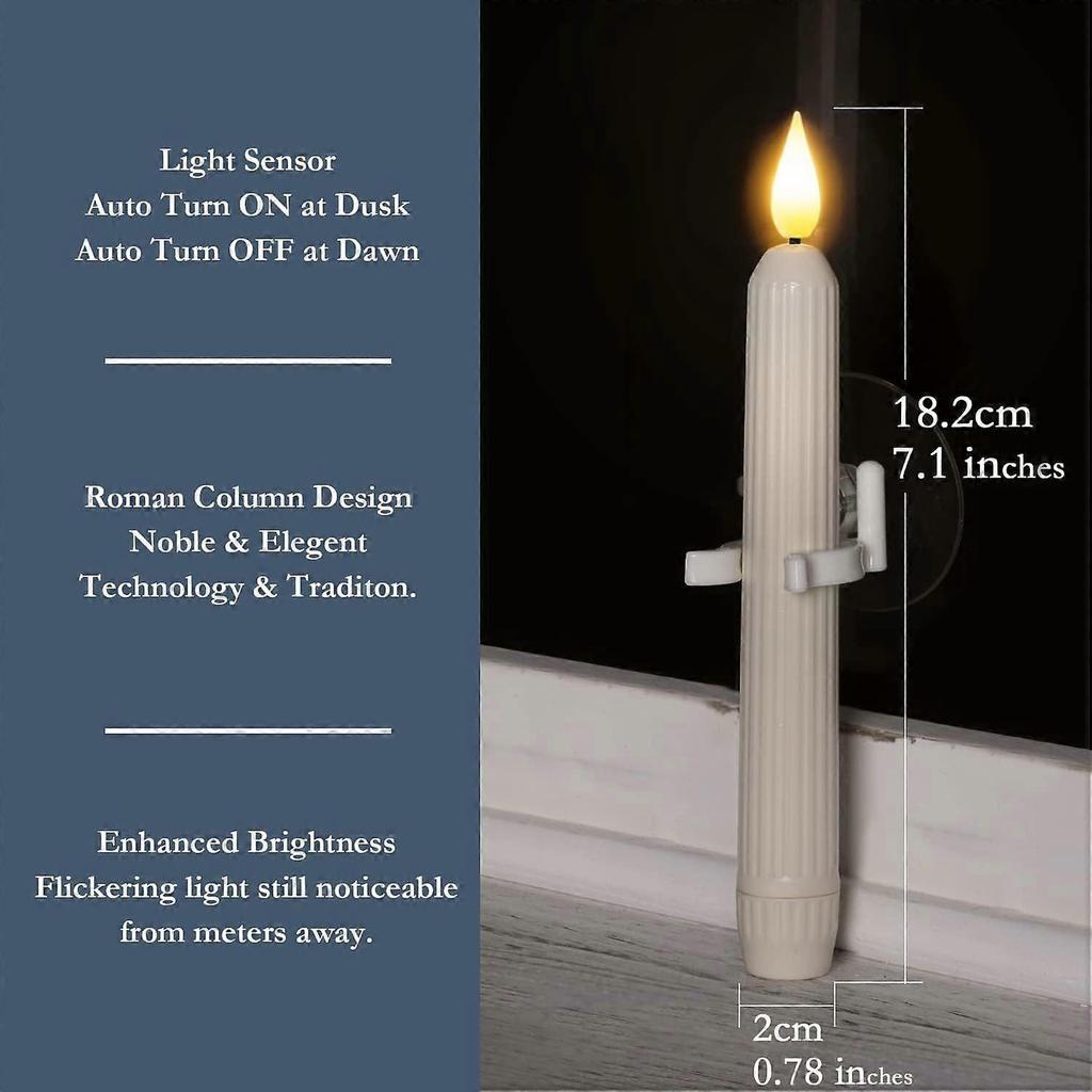 6 Pcs Window Candles With Sensor Dusk To Dawn - Ivory Stripped Candlesticks With Suction Cups, Roman Column Battery Operated Flameless LED Taper for C