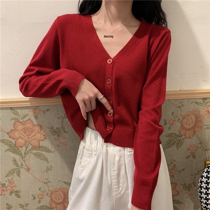 Cardigan a Maglia con Scollo a V Rosso da Donna - Manica Lunga Sottile, Top Corto per Primavera e Autunno (Collezione 2025)