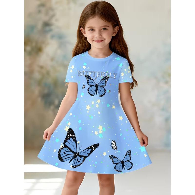 Dress for Girls Sequin Butterfly 3D Printed Short Sleeve Dress Summer Loose Girls' Casual Dress Round Neck Hot Sale Girl Clothes