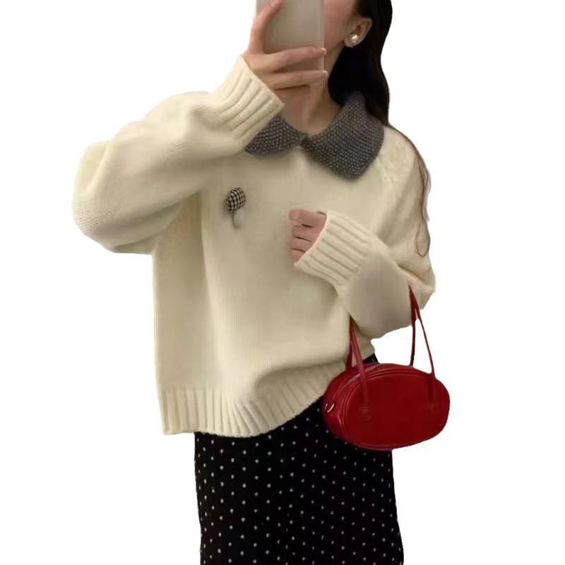 Sweet Doll Collar Knit Sweater: Fake Two-Piece Long-Sleeve Top