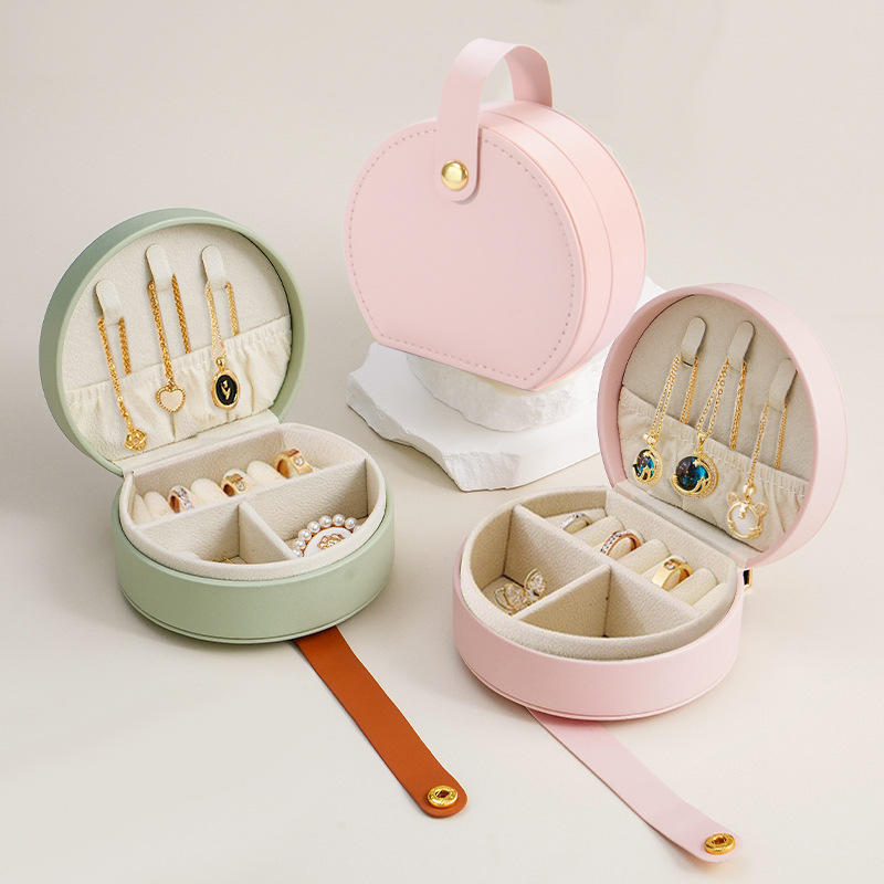 Portable Semi-Circular Small Travel Jewelry Case for Women Compact Top Handle Ring Necklace Earring Organizer Box