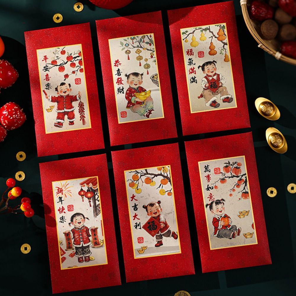 6pcs Traditional New Year Red Envelopes Cartoon Gifts Packing Bags  Wedding Birthday