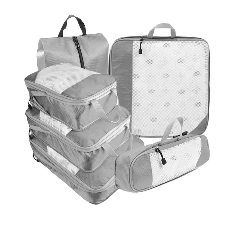 6PCS Mesh Visual Luggage Portable Packing Cubes Lightweight Suitcase Bag Compressed Travel Storage Organizer Set with Shoe Bag