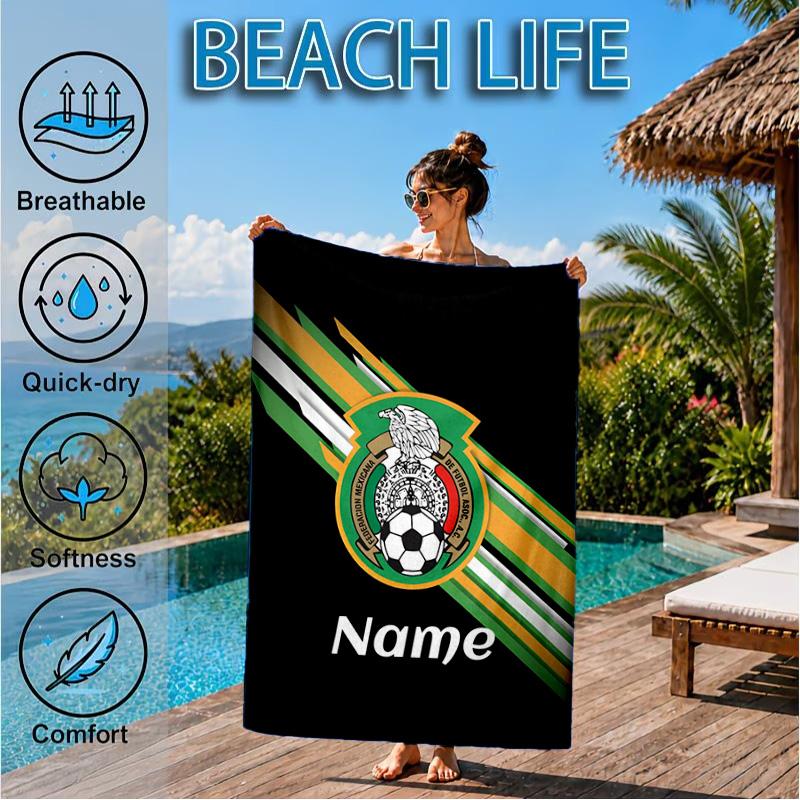 Custom Name Beach Towel Mexico Soccer Emblem Microfiber Beach Towel, Lightweight for Summer Travel, Swimming Pool Fan Birthday Gift