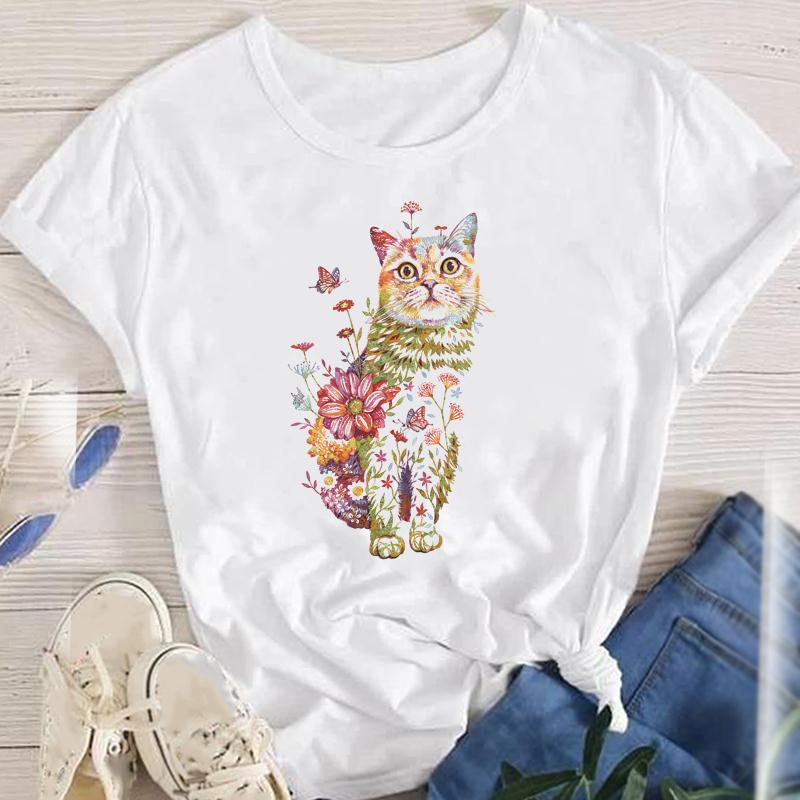 Fashion Cartoon Cat Plant Casual New Lovely Tees Women Short Sleeve Lady Female Graphic Tops Clothes Print Tshirt TShirt