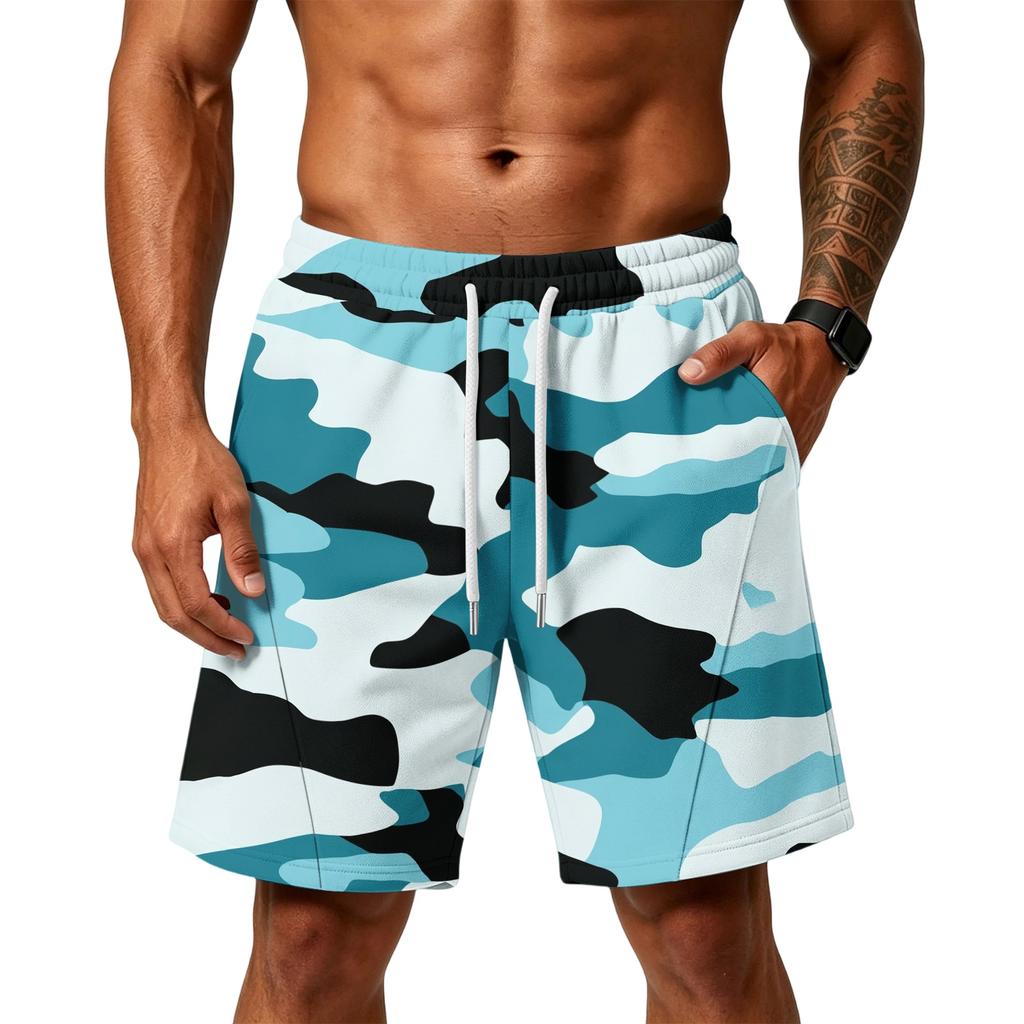 Men’s Layer Loose Shorts with Pockets Camouflage Print Drawstring Waist Gym Training Beachwear
