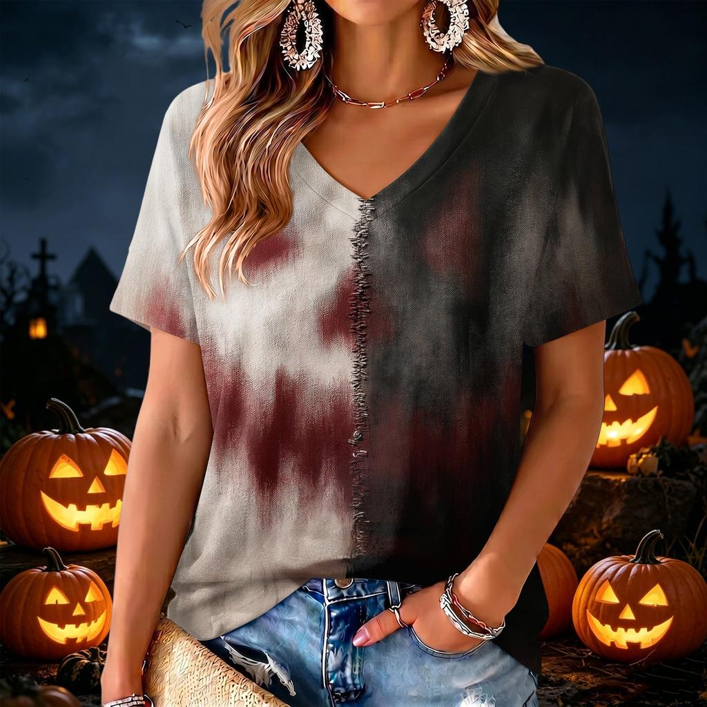 Women's V-Neck Halloween Print Lightweight Blouse for Spring and Summer Casual Wear