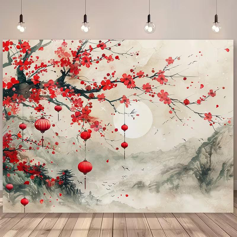 2D Elegant Oriental Plum Blossom and Lanterns Background Cloth