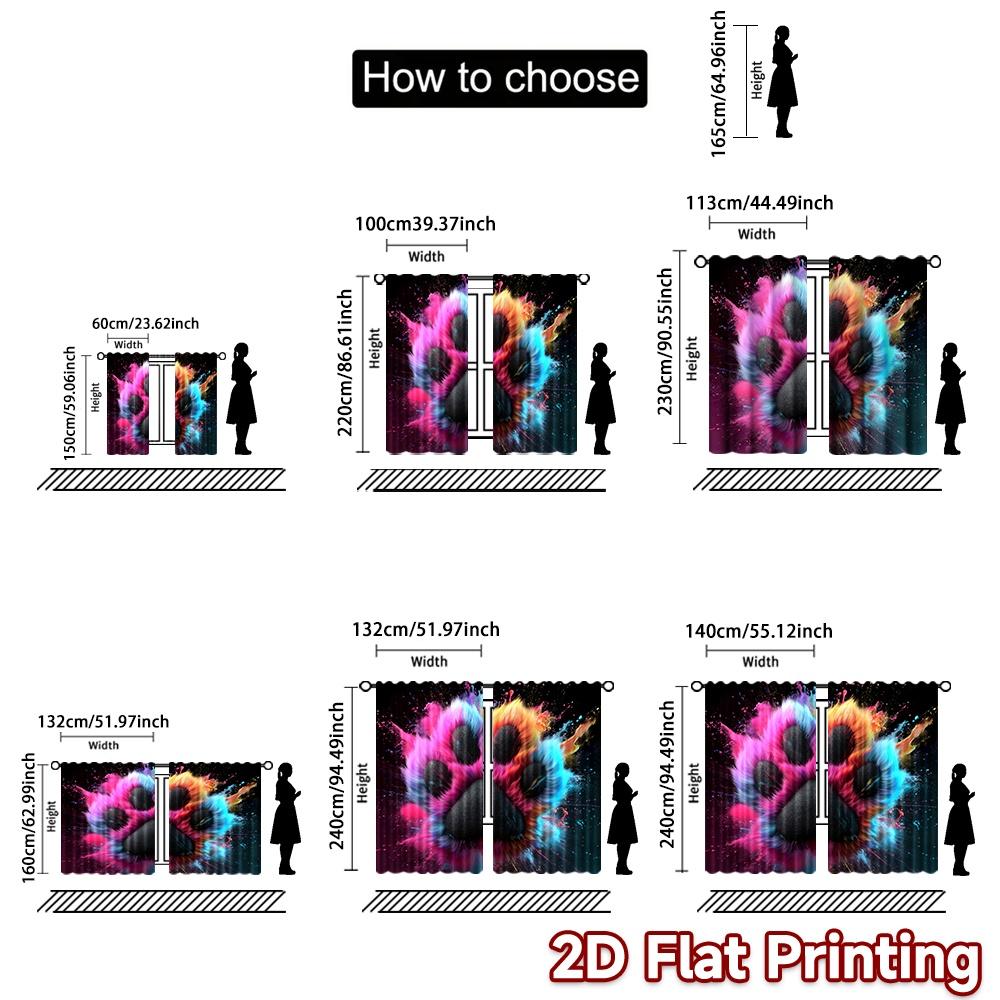 2D plattryck 2 st Gardin Fest Fönstergardiner Färgglada Pälsklädda Tassavtryck Digitaltryckta Polyesterdraperier Festlig Högtid