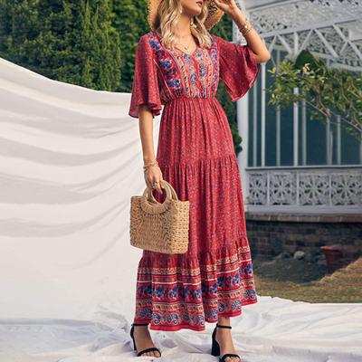 Women Dress Ethnic Bohemian Style Printing V Neck Short Sleeves Elastic Waist Pleated Patchwork A-line Maxi Dress Summer Vacation Beach Dress