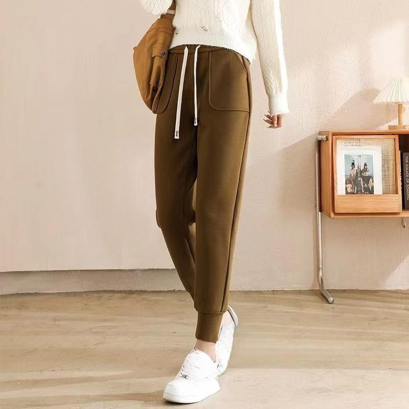 2026 Fall Winter Double-sided Velvet Windproof Outdoor Sports Pants Women's Loose Bunched Feet Large Pockets Padded High-waisted Thermal Sweatpants