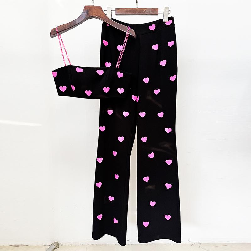 

High Street Fashion 2026 Early Spring Heart Sequin Strappy Tank and Long Pants Set XL чорний