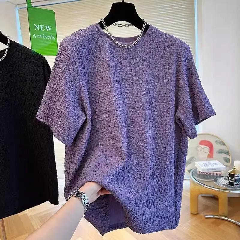 

Textured Design Casual Short-sleeved Loose-fitting and Trendy Tops 2XL фіолетовий