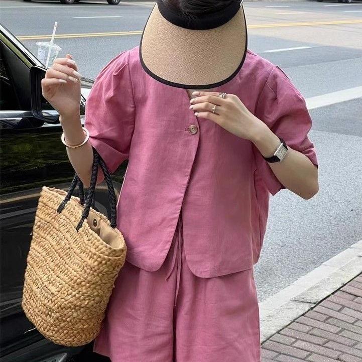 Dopamine French Chic New Chinese Style Summer Suit: Elegant Top & Wide-Leg Shorts, Retro Versatile Two-Piece Set