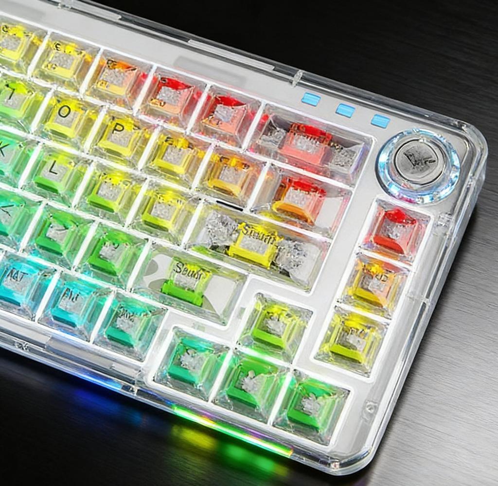 3-in-1 Transparent Mechanical Keyboard, Hot Swappable, RGB Backlit, Custom Keycaps for Gaming Office
