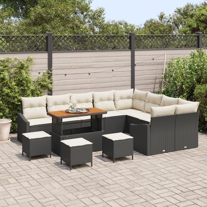 Ensemble de Canapé de Jardin vidaXL 13 pièces avec Coussins Noir Poly Rattan Acacia, Ensemble de Salle à Manger de Jardin 3362700